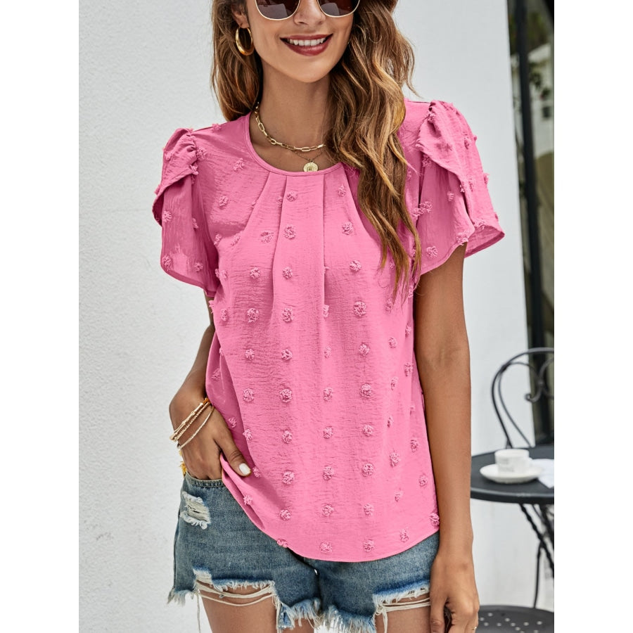 Swiss Dot Round Neck Petal Sleeve Top Hot Pink / M