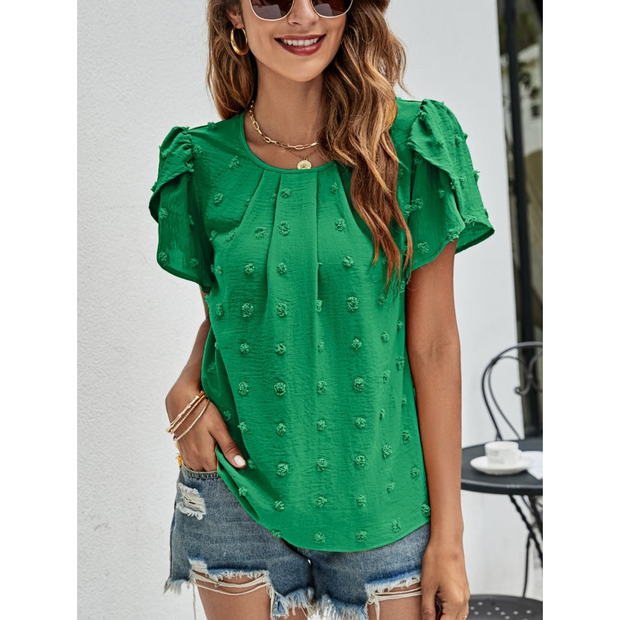 Swiss Dot Round Neck Petal Sleeve Top Mid Green / M