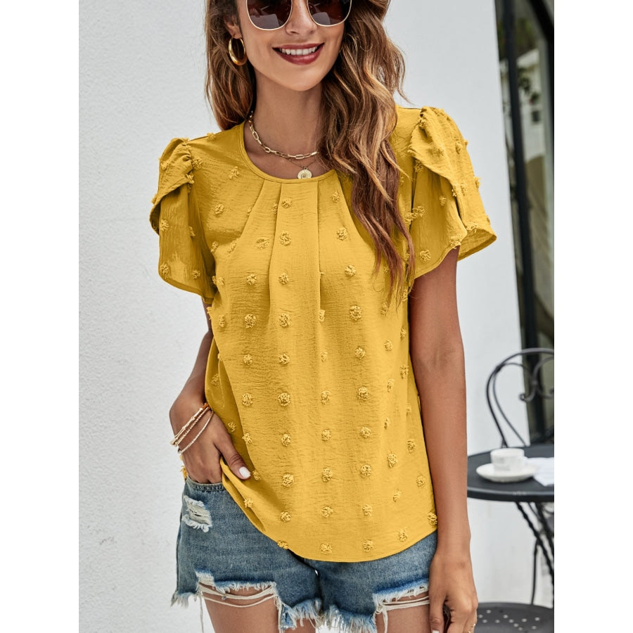 Swiss Dot Round Neck Petal Sleeve Top Mustard / S