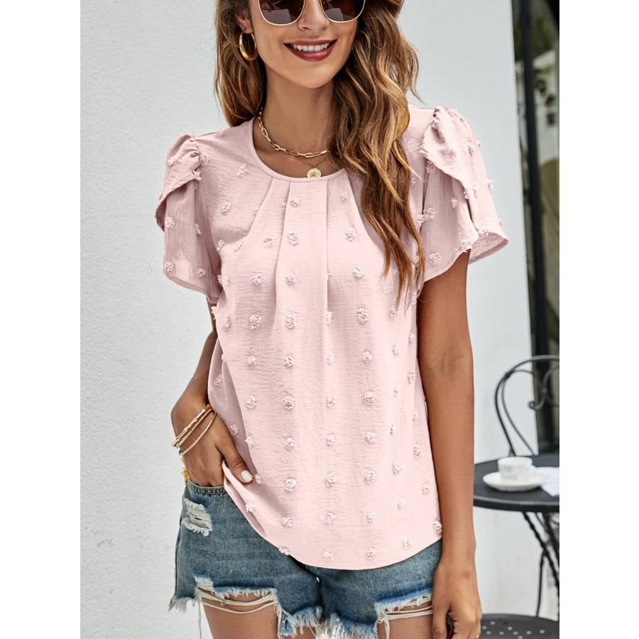 Swiss Dot Round Neck Petal Sleeve Top Pink / S