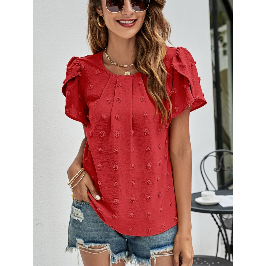 Swiss Dot Round Neck Petal Sleeve Top Red / S