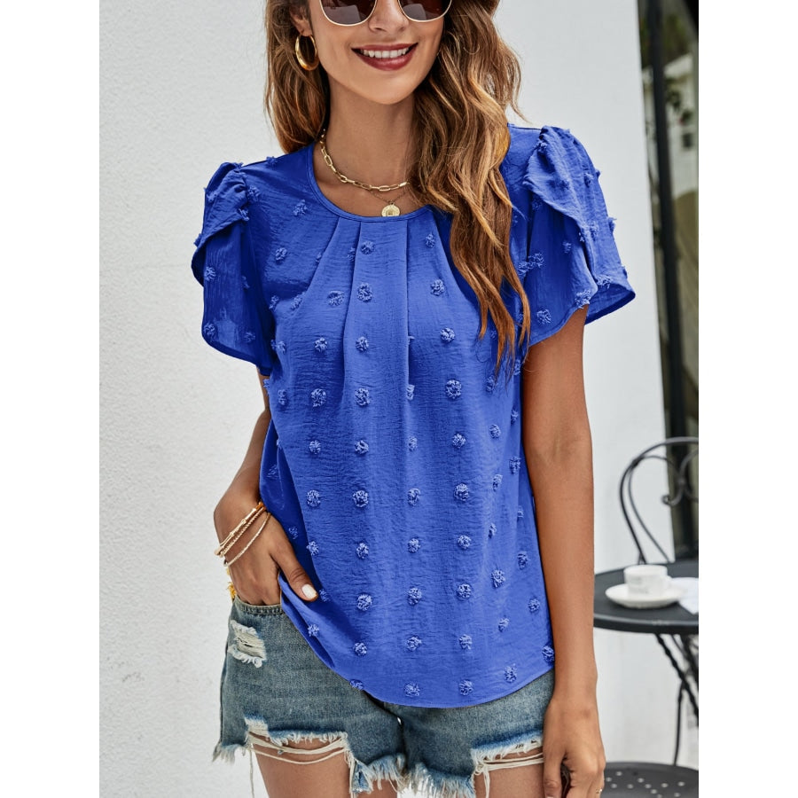 Swiss Dot Round Neck Petal Sleeve Top Royal Blue / S