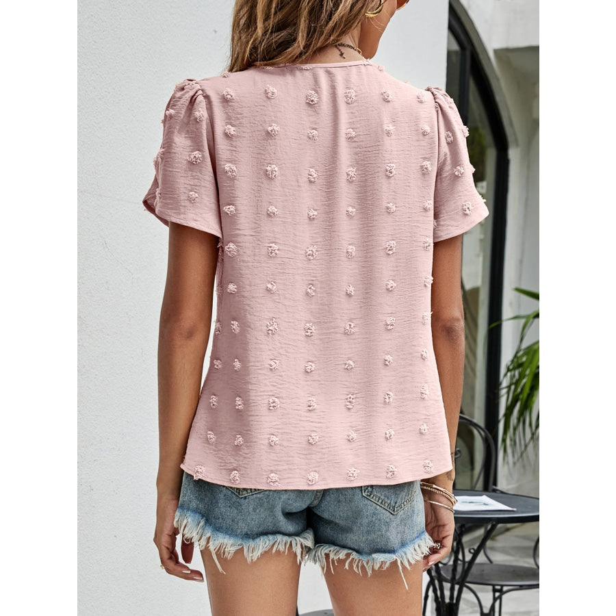 Swiss Dot Round Neck Petal Sleeve Top Pink / S