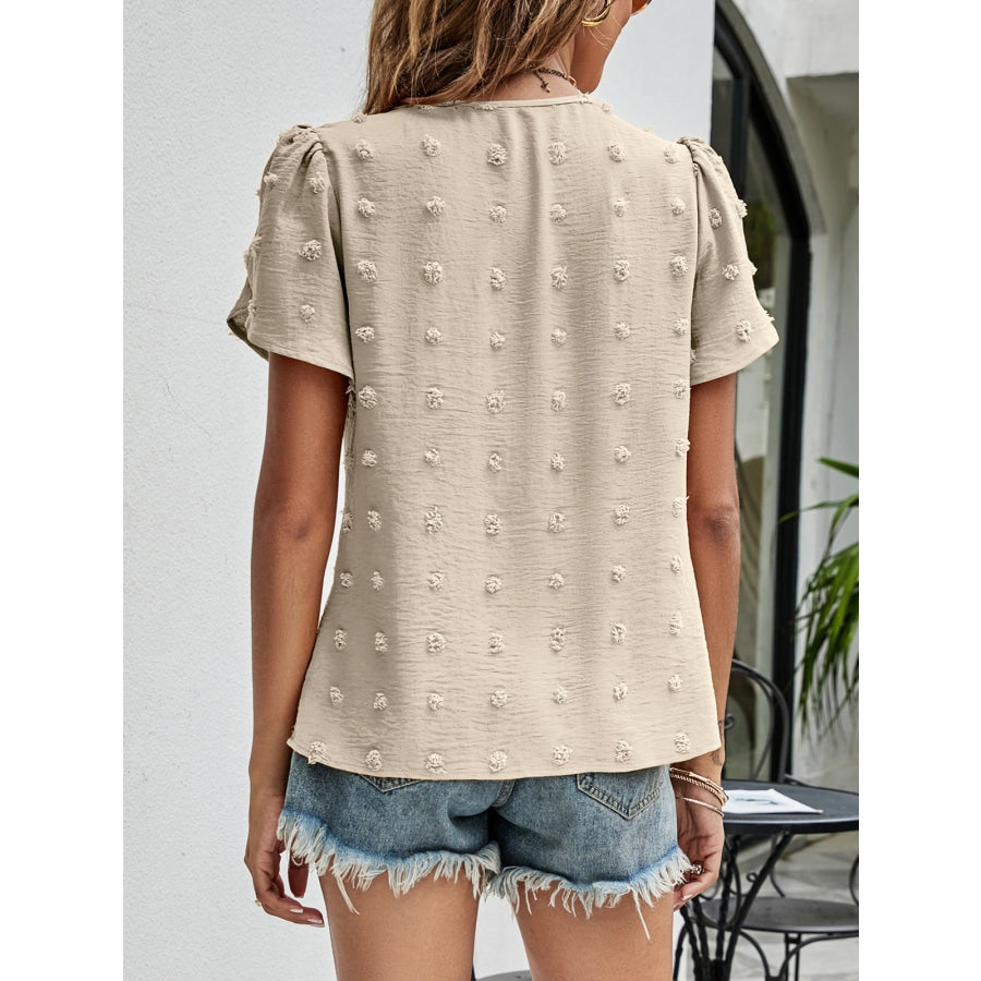 Swiss Dot Round Neck Petal Sleeve Top