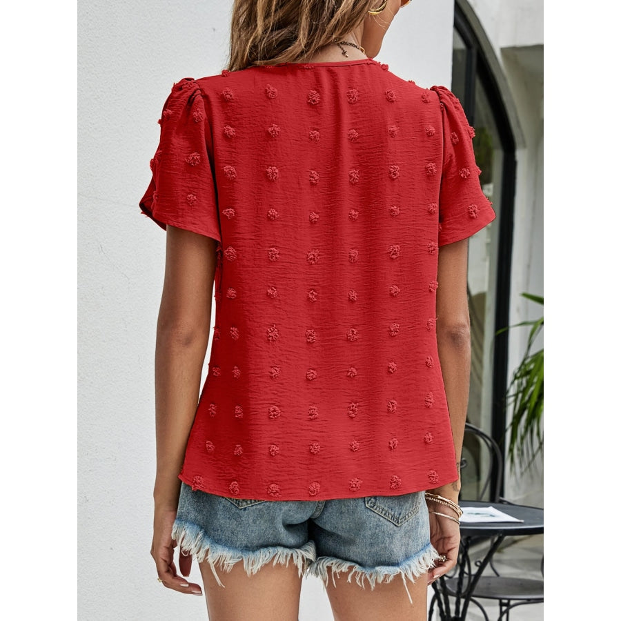 Swiss Dot Round Neck Petal Sleeve Top