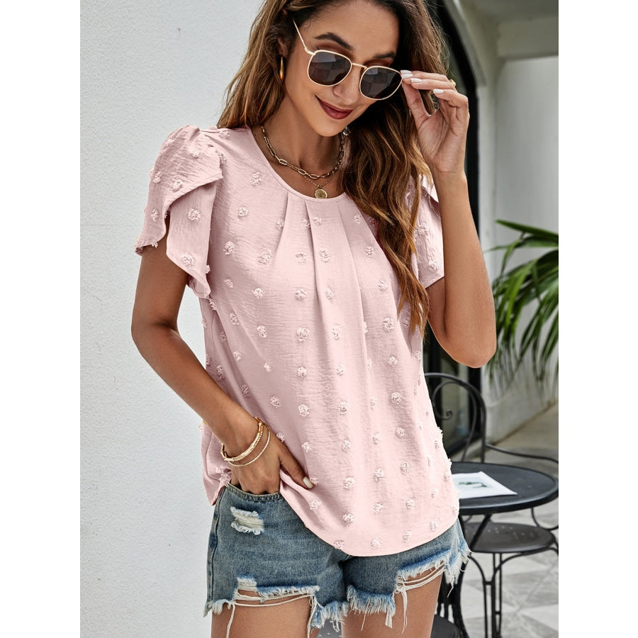 Swiss Dot Round Neck Petal Sleeve Top