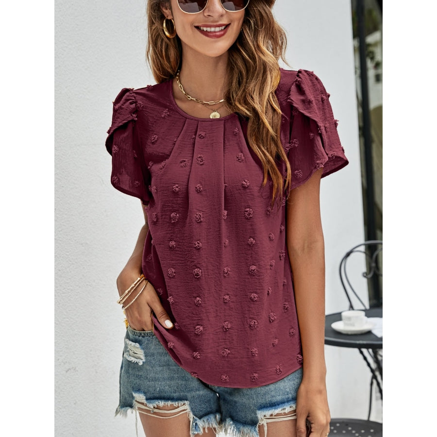 Swiss Dot Round Neck Petal Sleeve Top Wine / XL