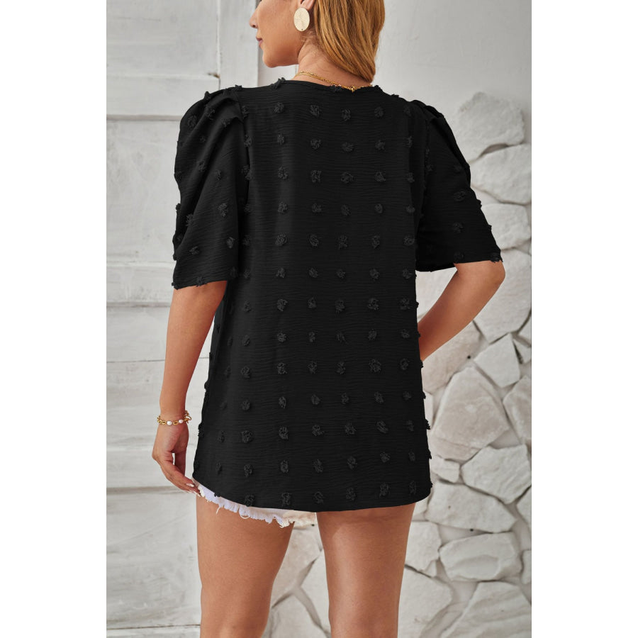 Swiss Dot Round Neck Short Sleeve Blouse Apparel and Accessories