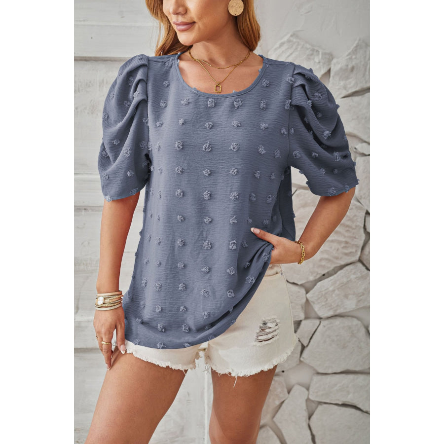 Swiss Dot Round Neck Short Sleeve Blouse Apparel and Accessories