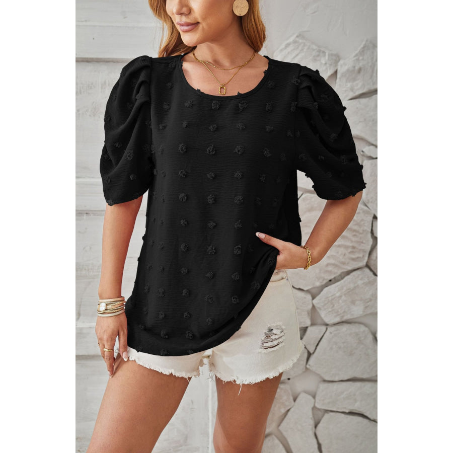 Swiss Dot Round Neck Short Sleeve Blouse Apparel and Accessories