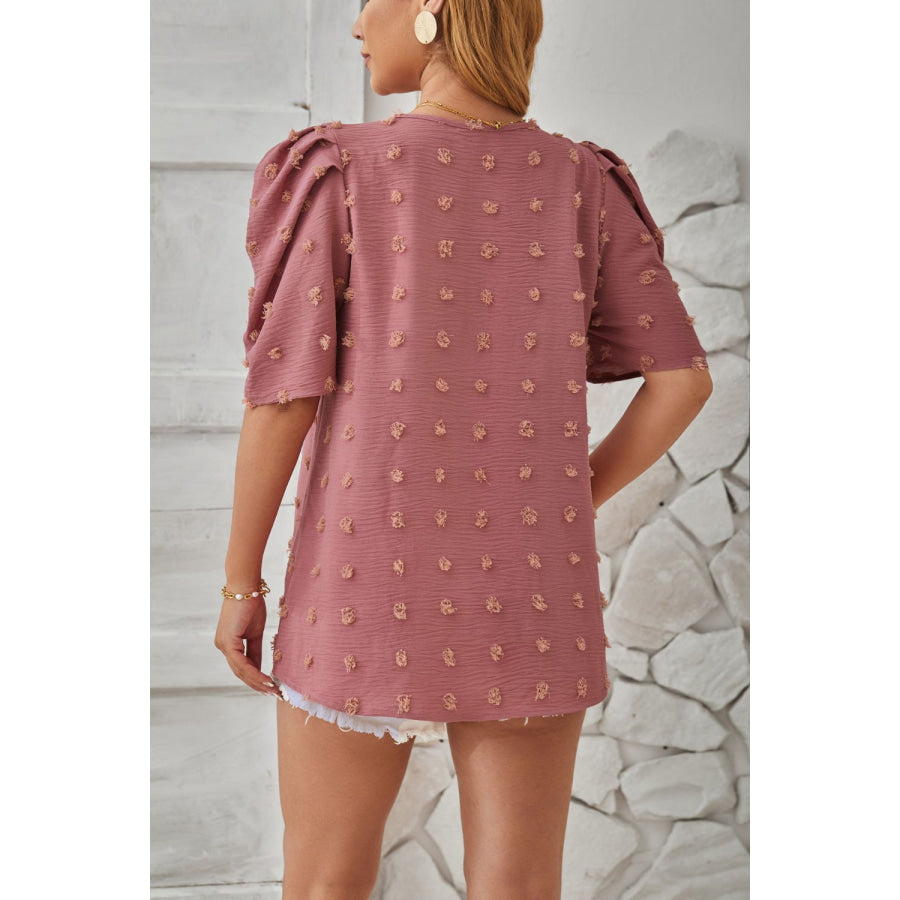 Swiss Dot Round Neck Short Sleeve Blouse Apparel and Accessories