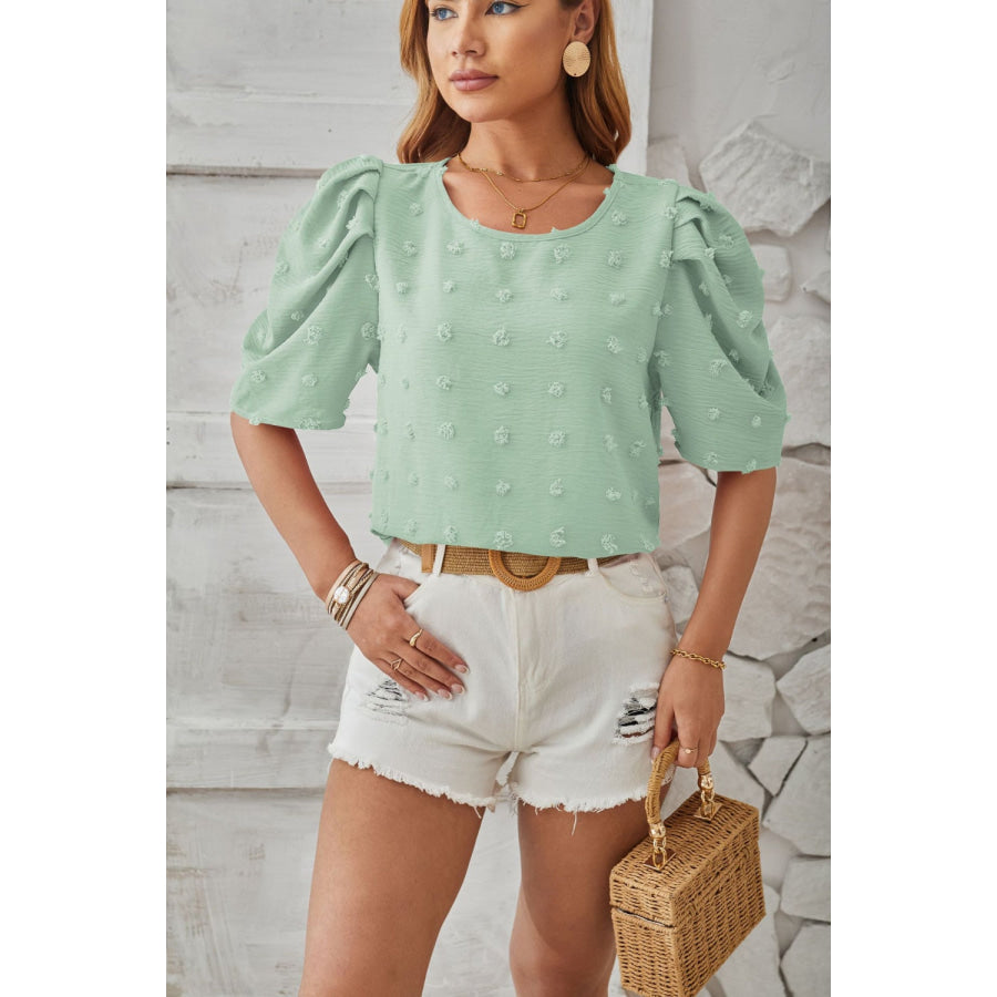 Swiss Dot Round Neck Short Sleeve Blouse Apparel and Accessories