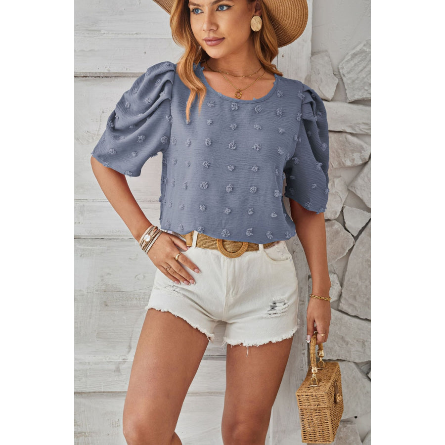 Swiss Dot Round Neck Short Sleeve Blouse Dusty Blue / S Apparel and Accessories