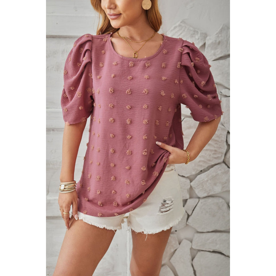 Swiss Dot Round Neck Short Sleeve Blouse Light Mauve / S Apparel and Accessories