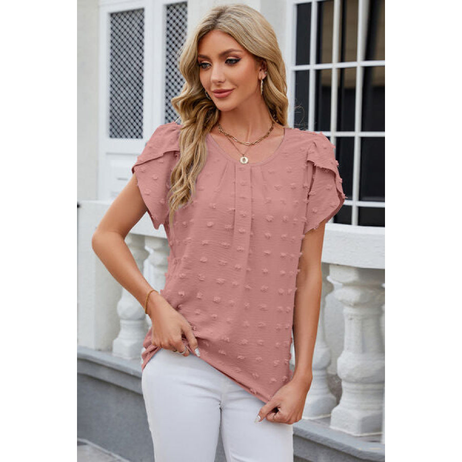 Swiss Dot Round Neck Short Sleeve T - Shirt Dusty Pink / S Apparel and Accessories