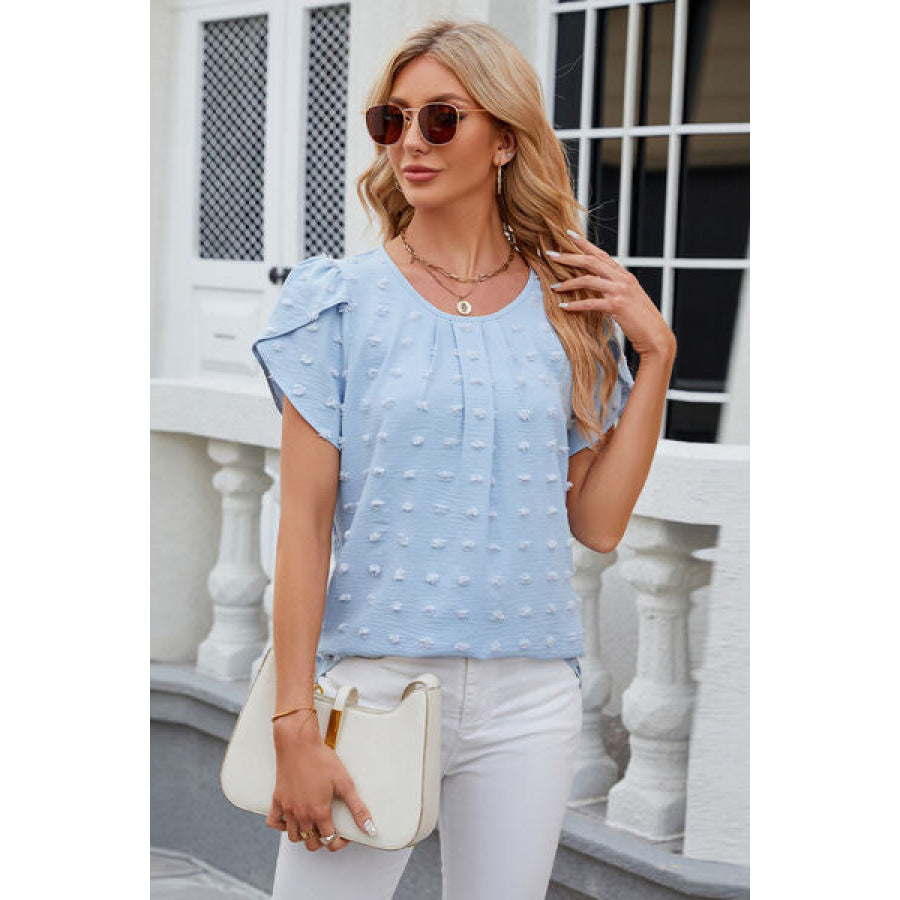 Swiss Dot Round Neck Short Sleeve T - Shirt Pastel Blue / S Apparel and Accessories