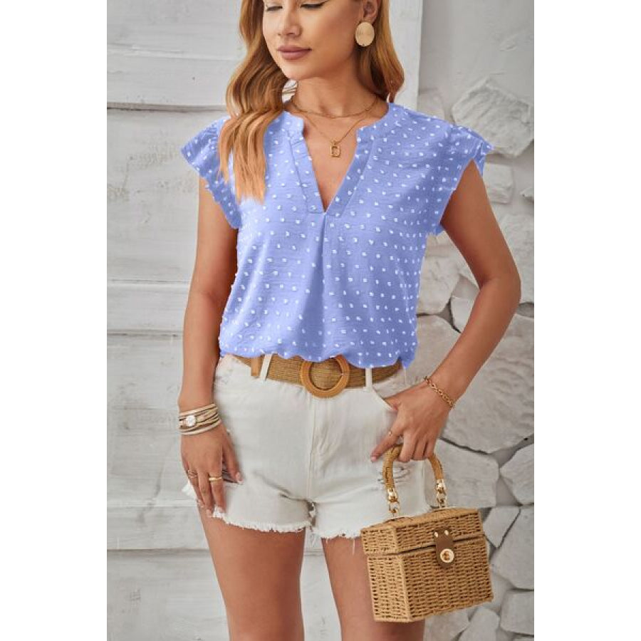 Swiss Dot Ruffled Cap Sleeve T - Shirt Misty Blue / S Apparel and Accessories