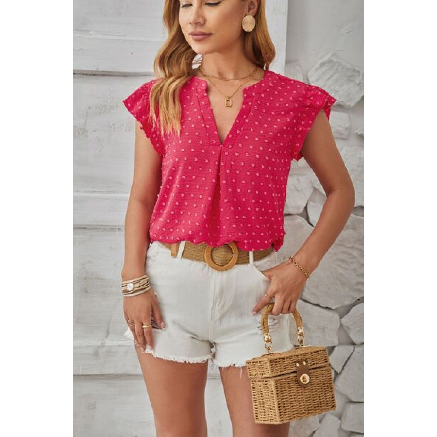 Swiss Dot Ruffled Cap Sleeve T - Shirt Strawberry / S Apparel and Accessories