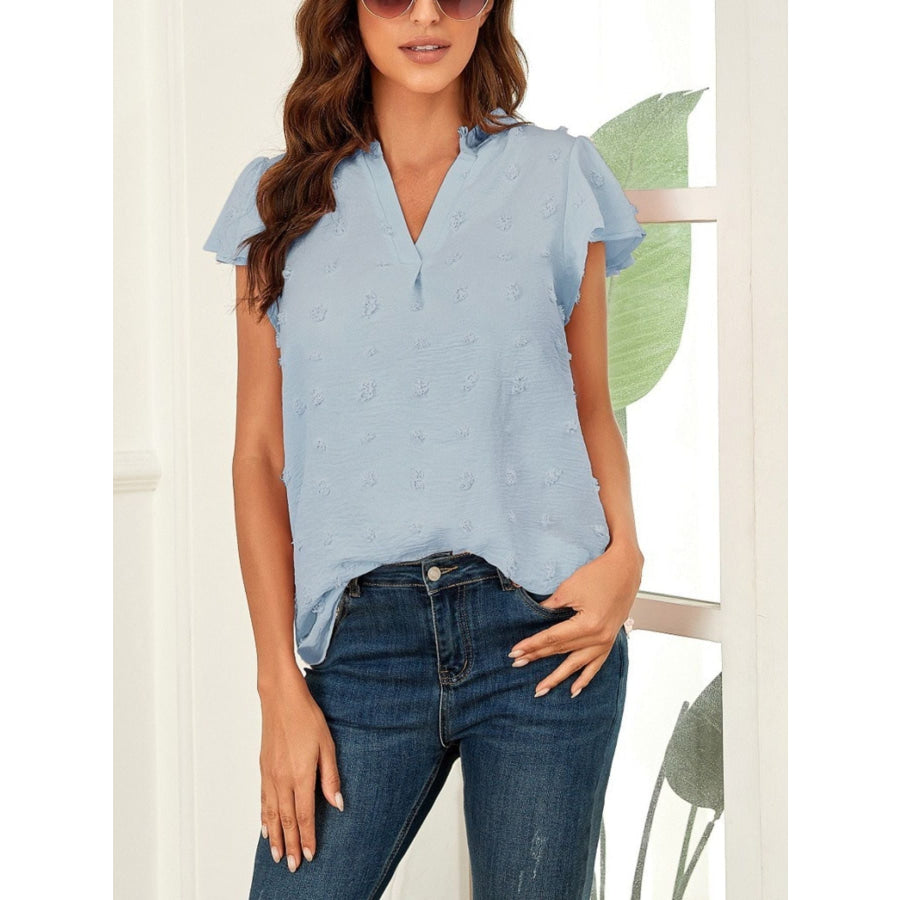 Swiss Dot Ruffled Sleeve Blouse Light Blue / S Apparel and Accessories