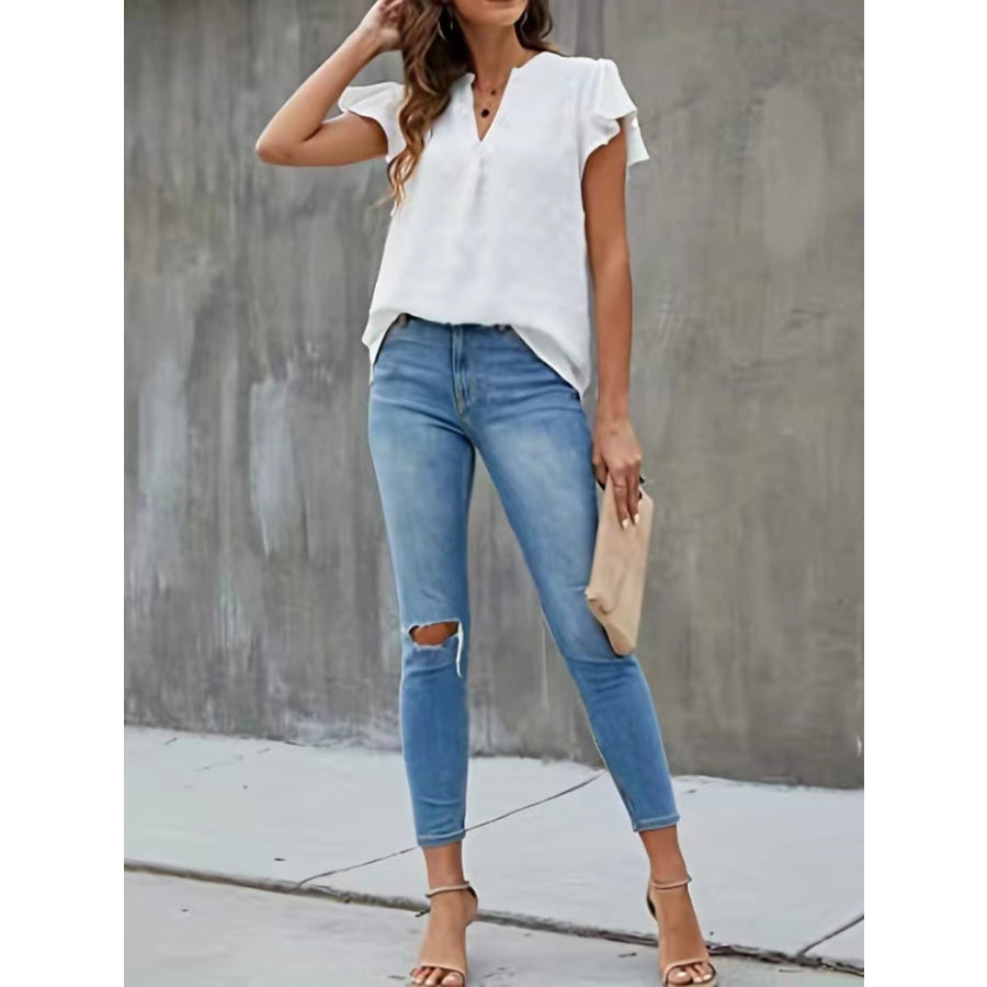 Swiss Dot Ruffled Sleeve Blouse White / S Apparel and Accessories