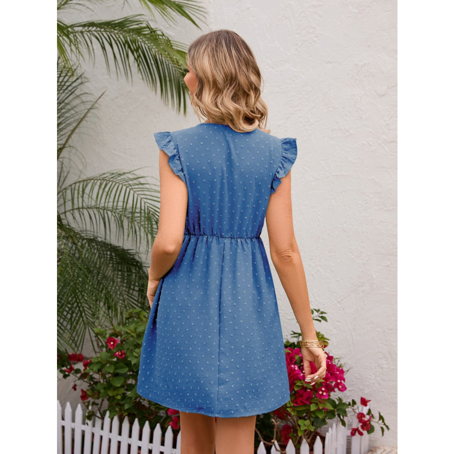 Swiss Dot Ruffled V - Neck Dress Apparel and Accessories