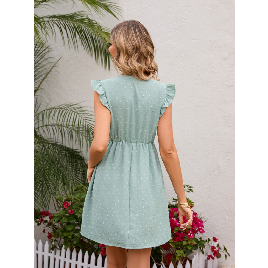 Swiss Dot Ruffled V - Neck Dress Sage / S Apparel and Accessories