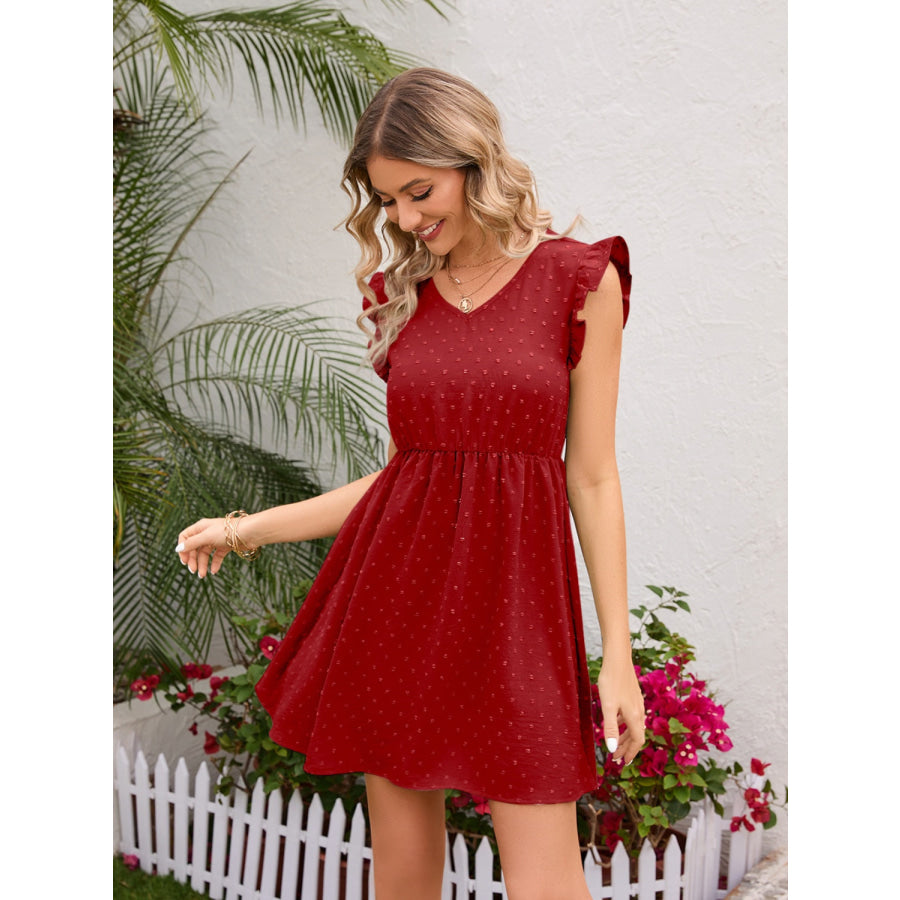 Swiss Dot Ruffled V - Neck Dress Apparel and Accessories