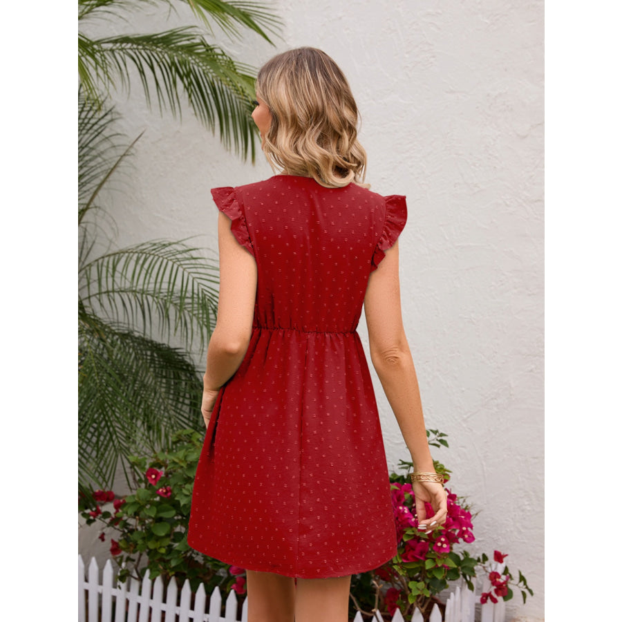 Swiss Dot Ruffled V - Neck Dress Apparel and Accessories