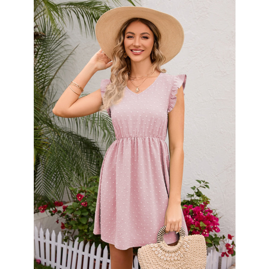 Swiss Dot Ruffled V - Neck Dress Blush Pink / S Apparel and Accessories