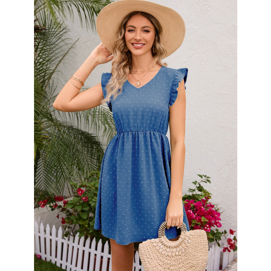 Swiss Dot Ruffled V - Neck Dress Dusty Blue / S Apparel and Accessories