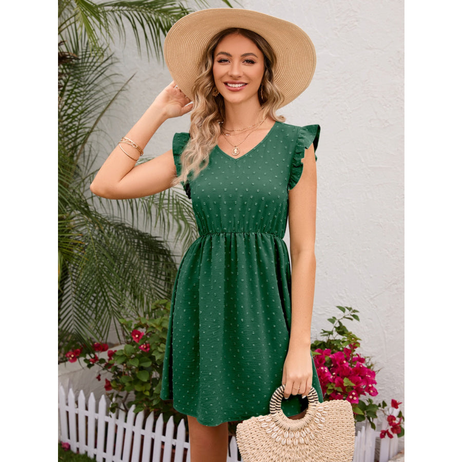 Swiss Dot Ruffled V - Neck Dress Green / S Apparel and Accessories