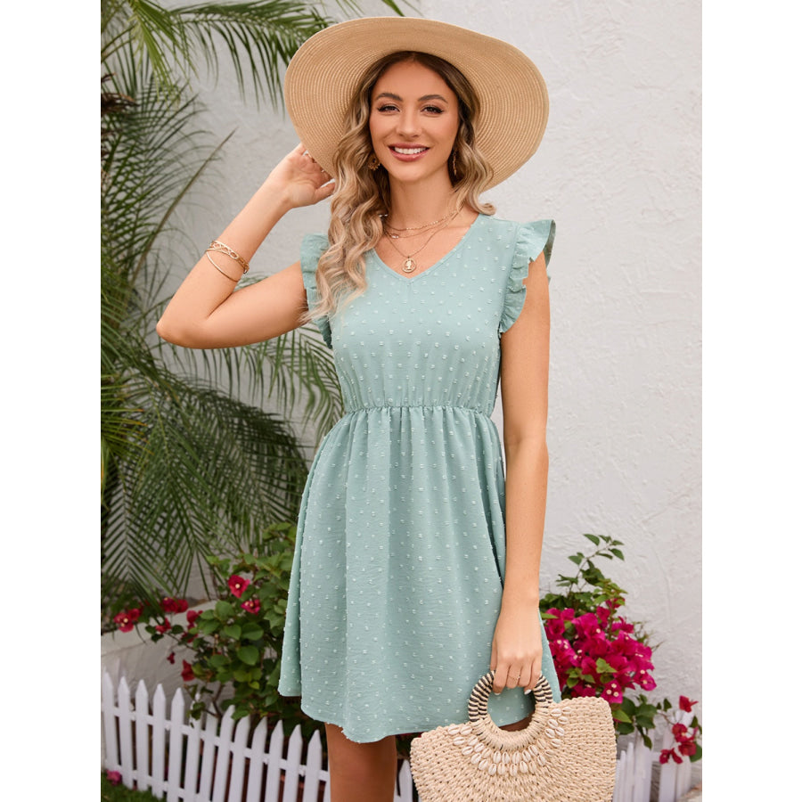 Swiss Dot Ruffled V - Neck Dress Sage / S Apparel and Accessories