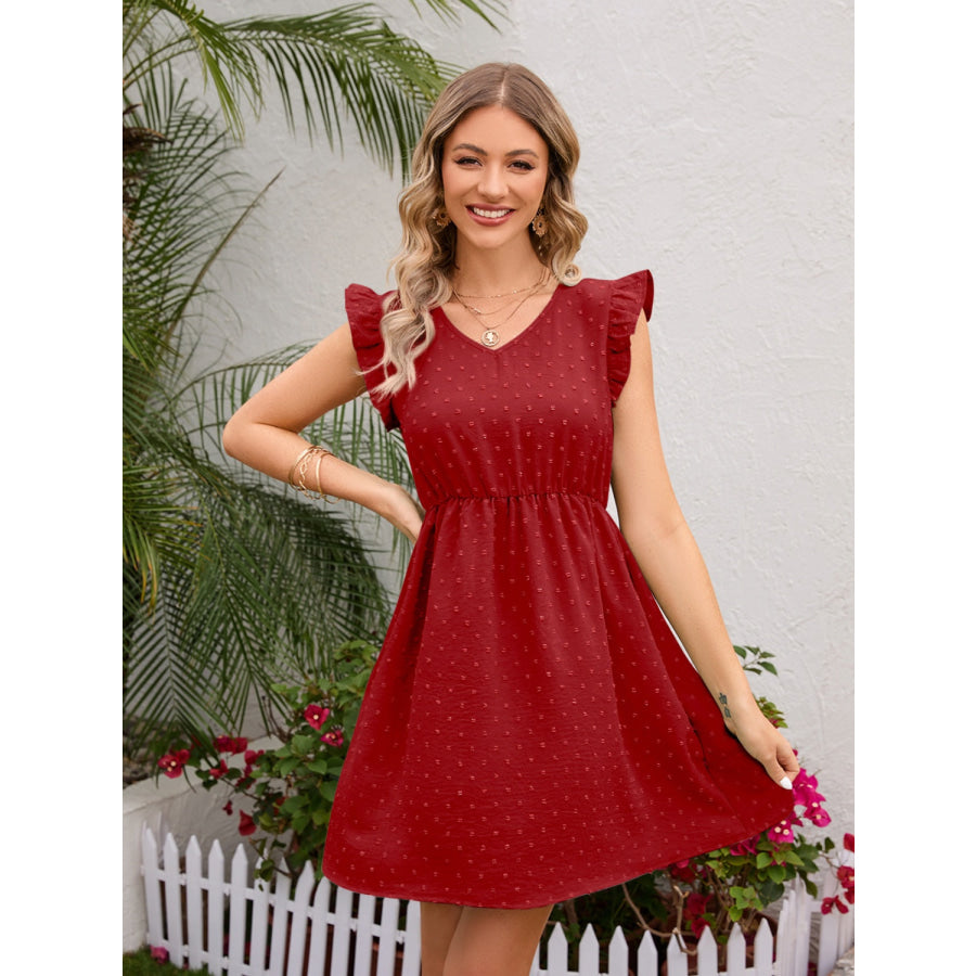 Swiss Dot Ruffled V - Neck Dress Wine / S Apparel and Accessories