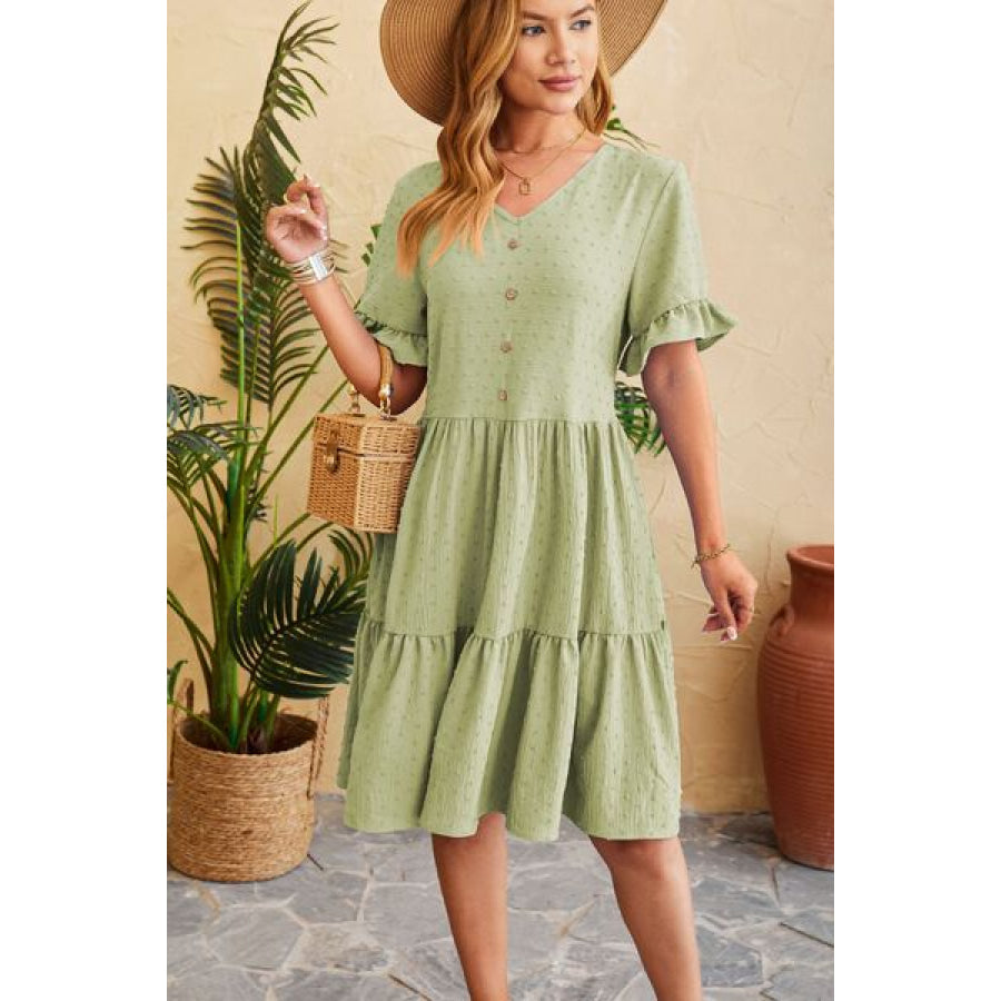 Swiss Dot Ruffled V - Neck Tiered Dress Apparel and Accessories