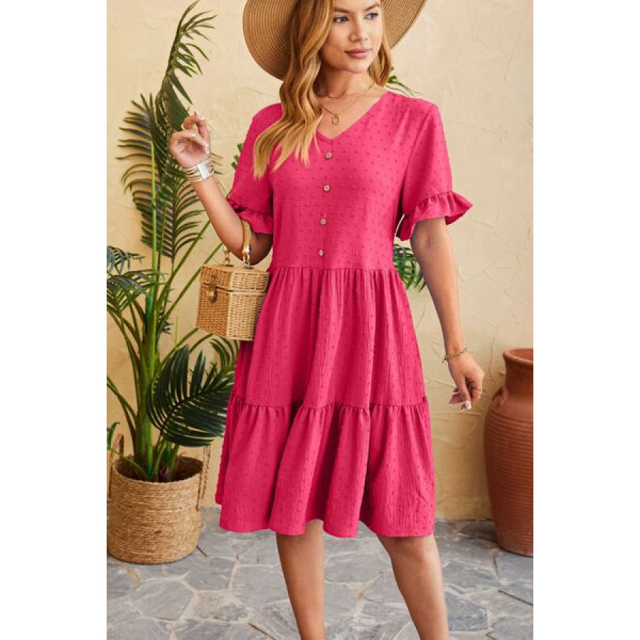 Swiss Dot Ruffled V - Neck Tiered Dress Apparel and Accessories