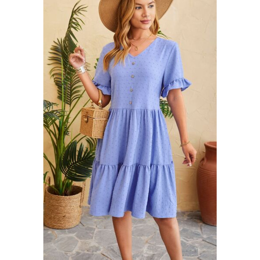 Swiss Dot Ruffled V - Neck Tiered Dress Apparel and Accessories