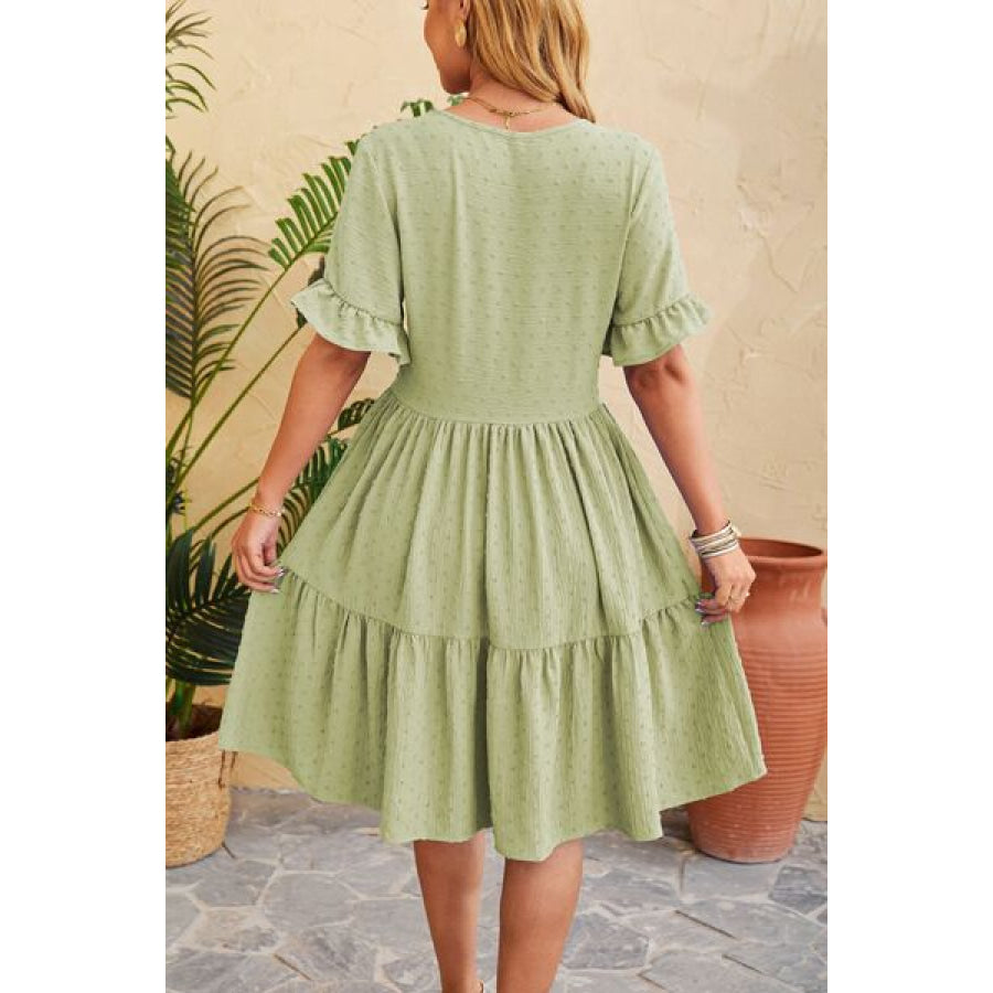 Swiss Dot Ruffled V - Neck Tiered Dress Apparel and Accessories