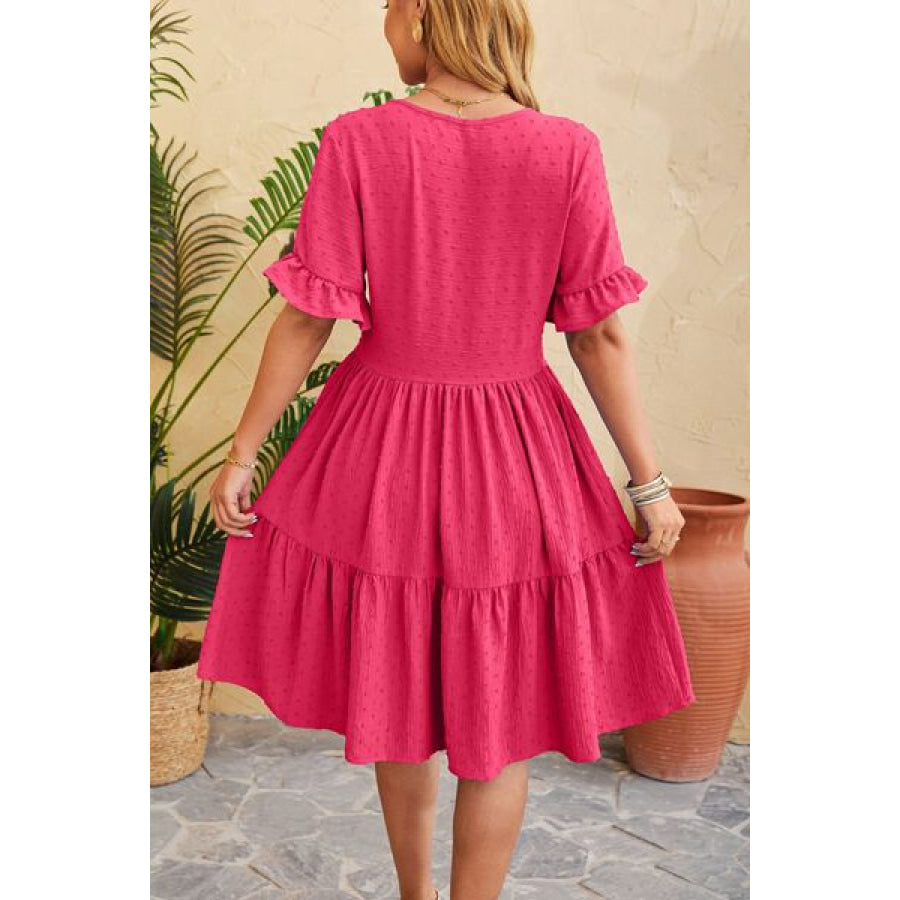 Swiss Dot Ruffled V - Neck Tiered Dress Apparel and Accessories