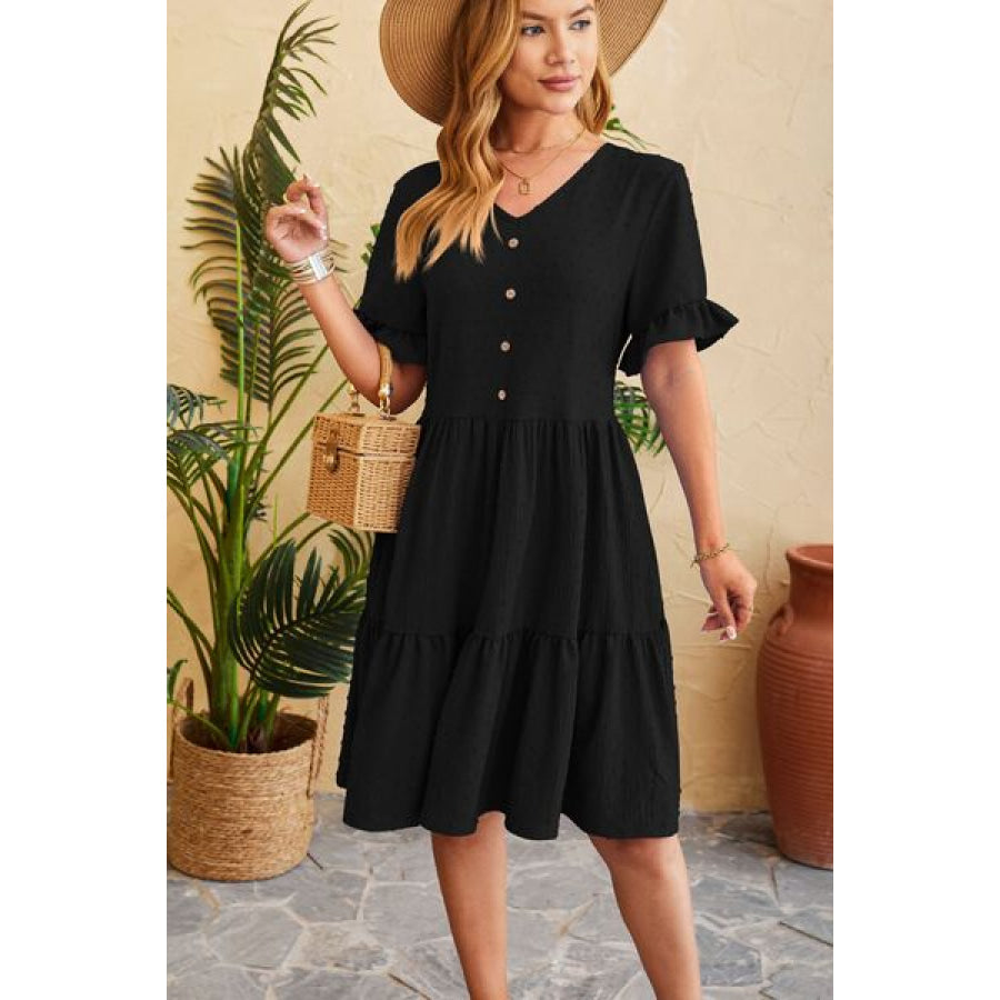 Swiss Dot Ruffled V - Neck Tiered Dress Apparel and Accessories