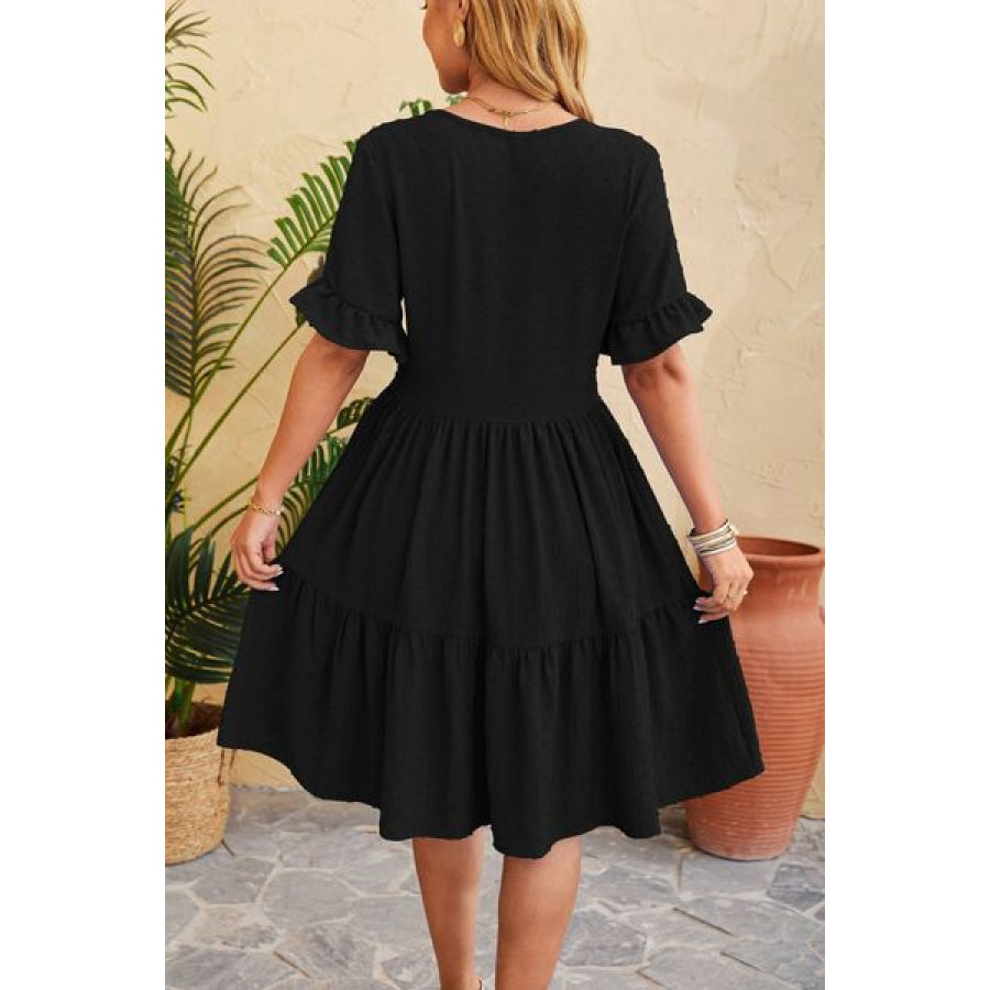 Swiss Dot Ruffled V - Neck Tiered Dress Apparel and Accessories