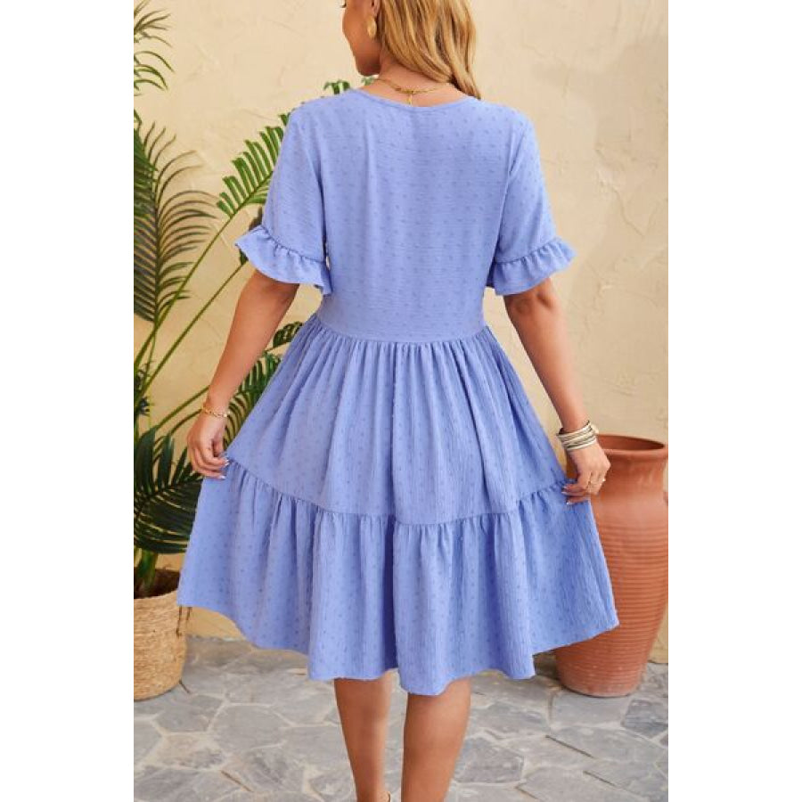 Swiss Dot Ruffled V - Neck Tiered Dress Apparel and Accessories