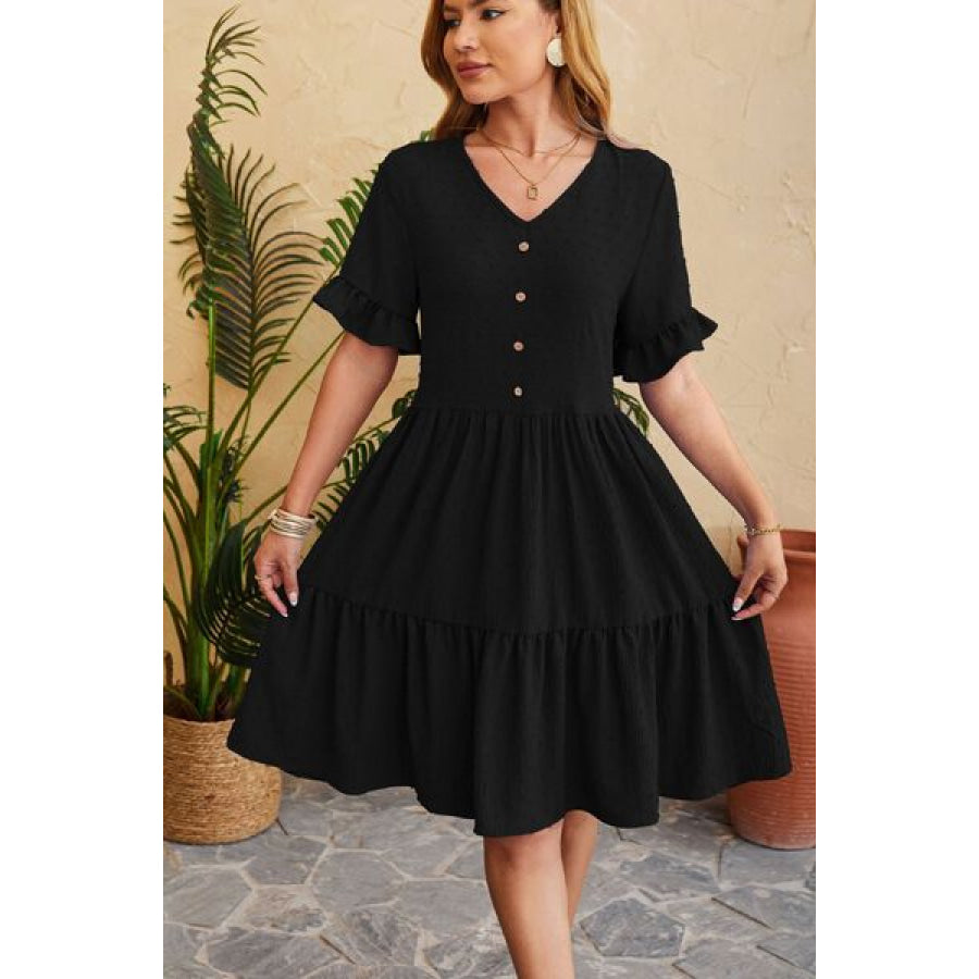 Swiss Dot Ruffled V - Neck Tiered Dress Black / S Apparel and Accessories