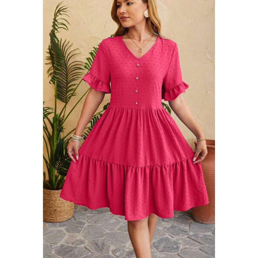 Swiss Dot Ruffled V - Neck Tiered Dress Deep Rose / S Apparel and Accessories