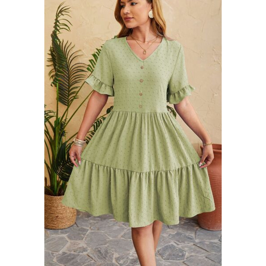 Swiss Dot Ruffled V - Neck Tiered Dress Mist Green / S Apparel and Accessories