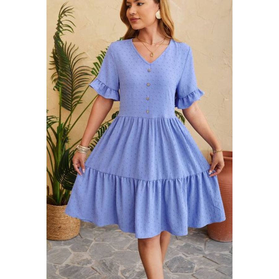 Swiss Dot Ruffled V - Neck Tiered Dress Misty Blue / S Apparel and Accessories