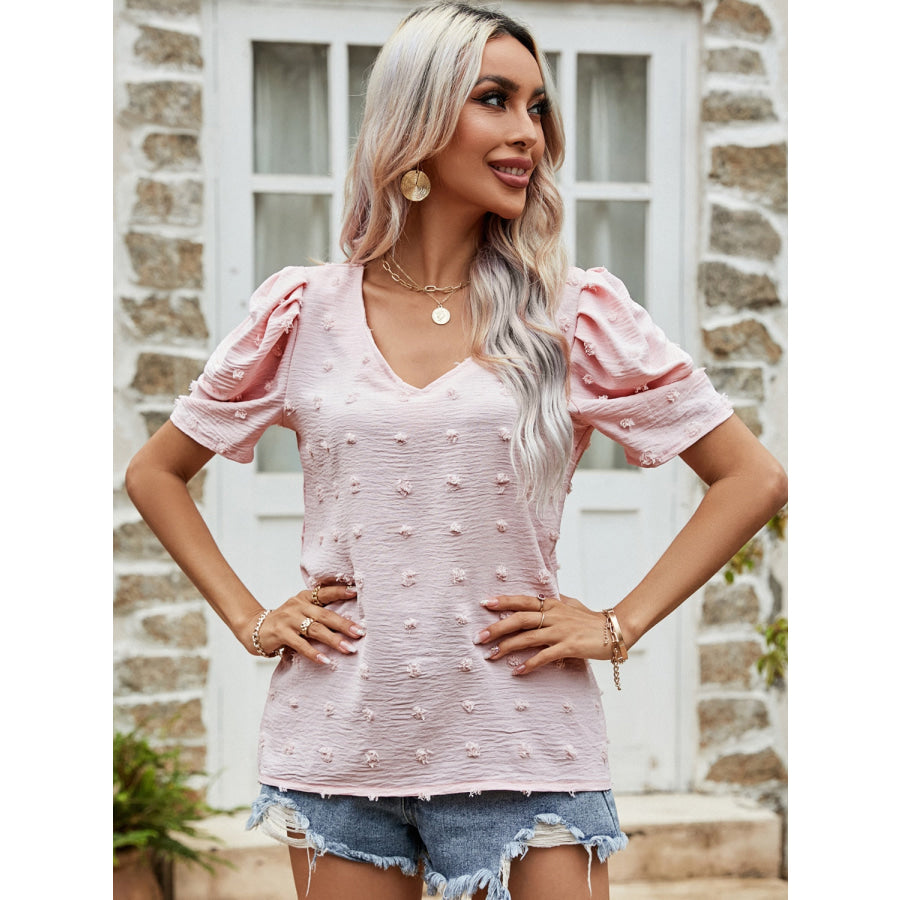 Swiss Dot Short Puff Sleeve Top Blush Pink / S Apparel and Accessories