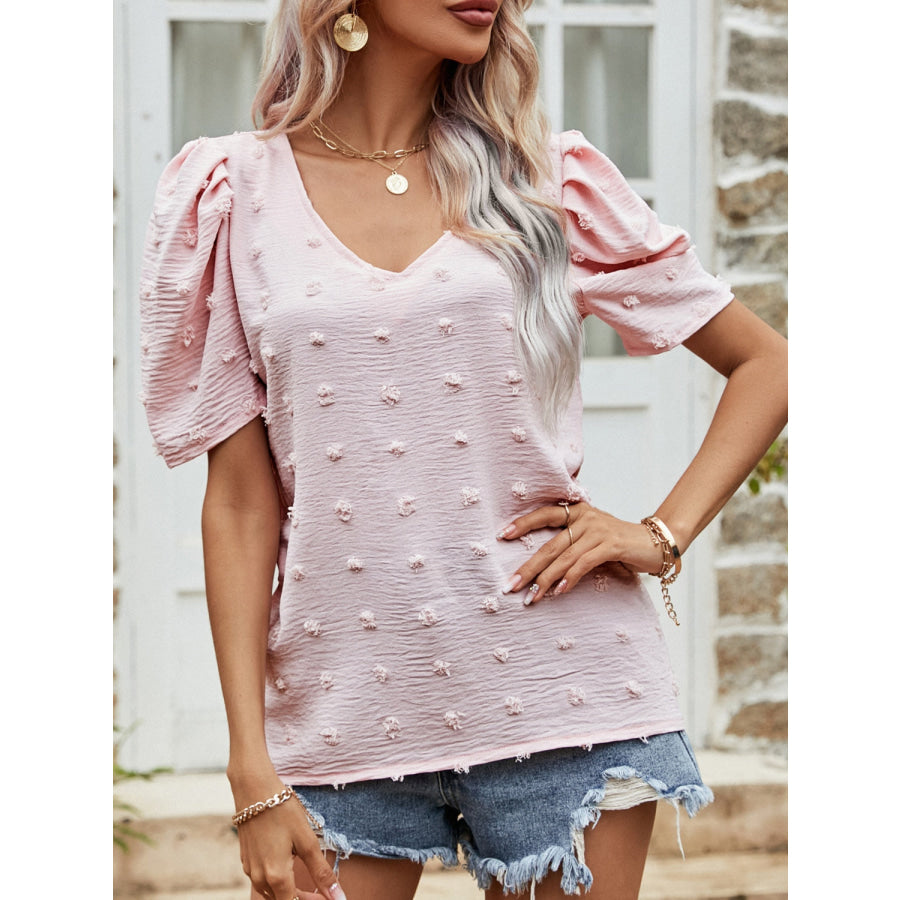 Swiss Dot Short Puff Sleeve Top Blush Pink / S Apparel and Accessories