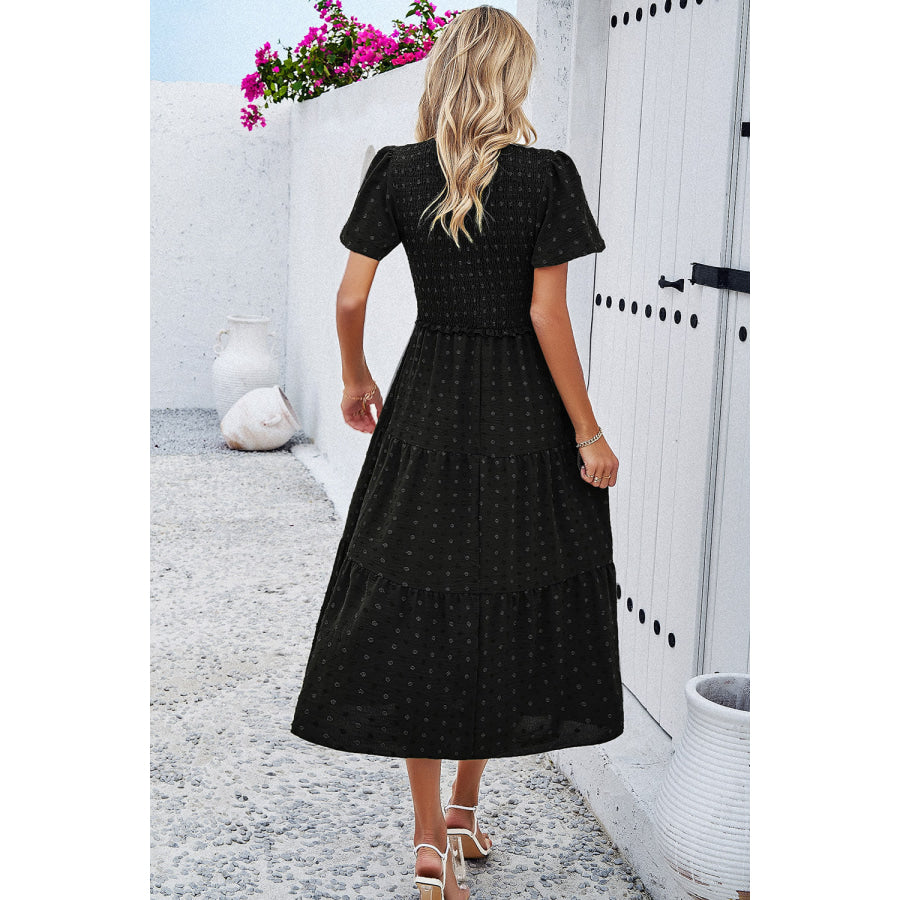 Swiss Dot Short Sleeve Smocked Dress Black / S Apparel and Accessories