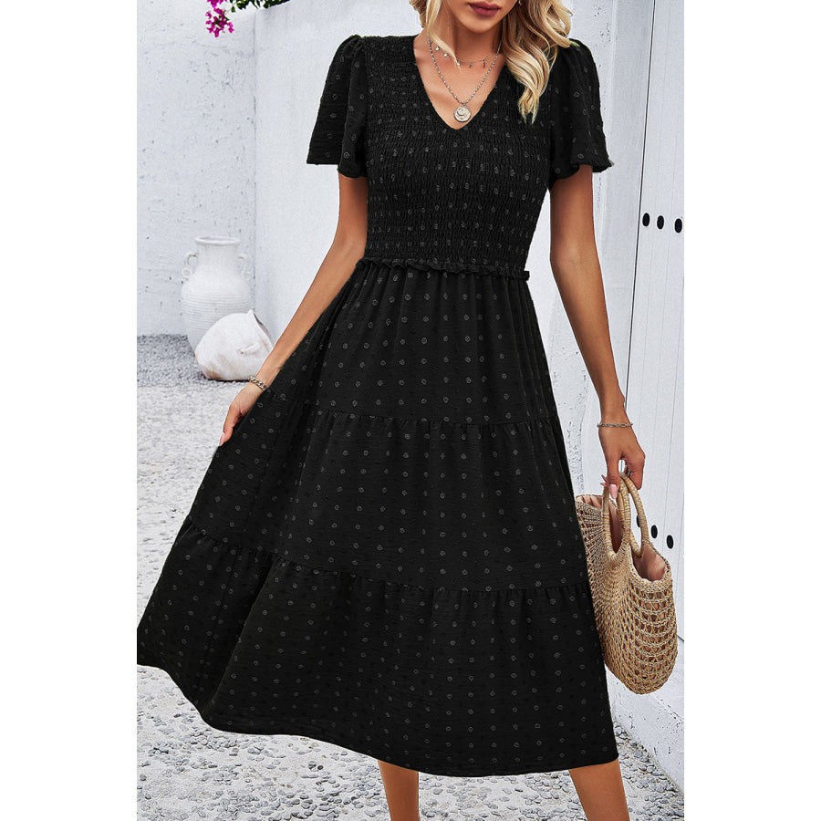 Swiss Dot Short Sleeve Smocked Dress Black / S Apparel and Accessories