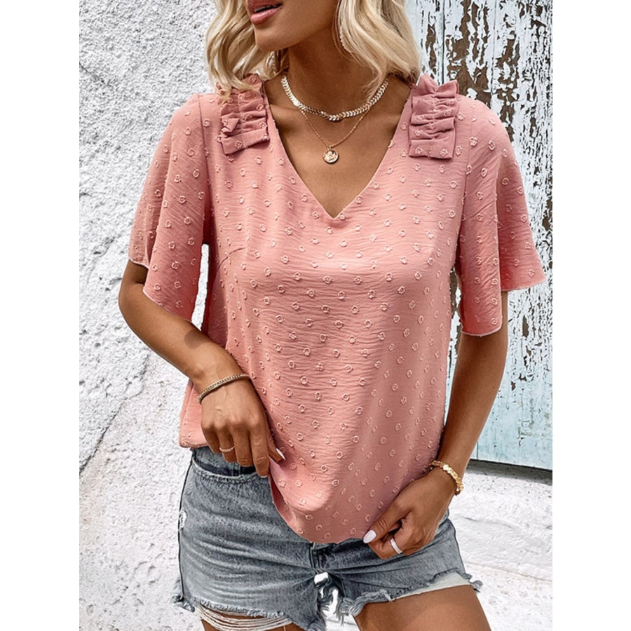 Swiss Dot Shoulder Detail V-Neck Blouse Peach / S